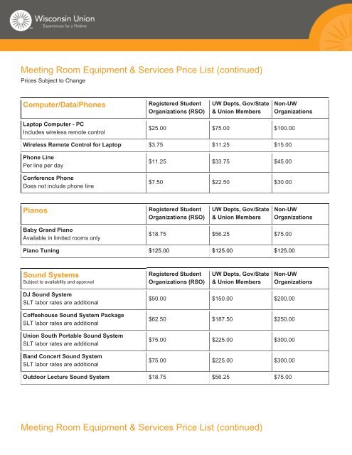 Meeting Room Equipment & Services Price List