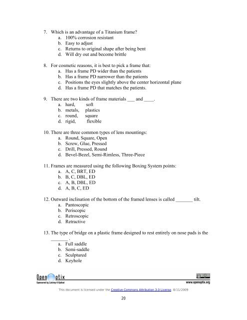 OpenOptix ABO Study Guide Review Questions - Laramy-K Optical