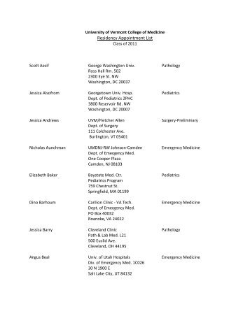 Residency Appointment List - College of Medicine - University of ...