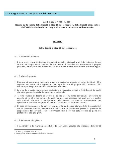 Legge n. 300/70 - Statuto dei Lavoratori - Unipd-Org.It