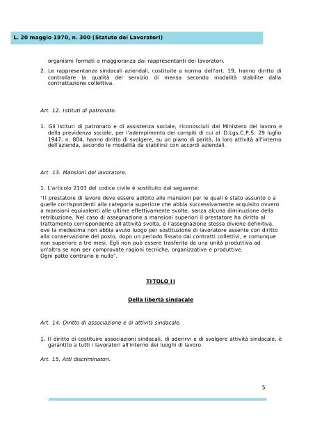 Legge n. 300/70 - Statuto dei Lavoratori - Unipd-Org.It