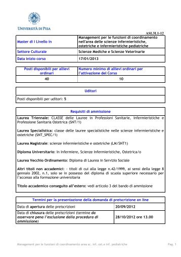 Management per le funzioni di coordinamento nell - UniversitÃ  di Pisa