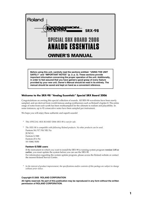 Welcome to the SRX-98 “Analog Essentials” Special SRX ... - Roland