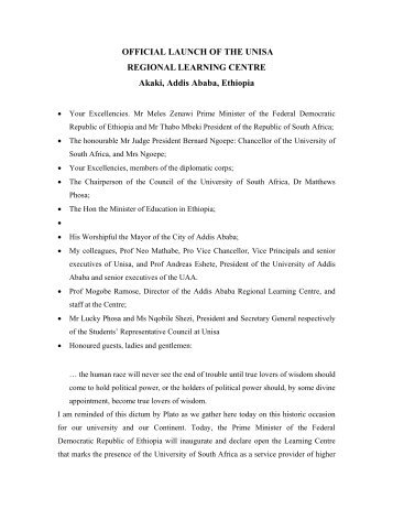 Official Launch of the UNISA Regional Learning Centre Akaki, Addis ...