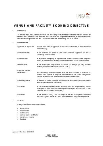 Venue and Facility Booking Directive (PDF) - University of South Africa