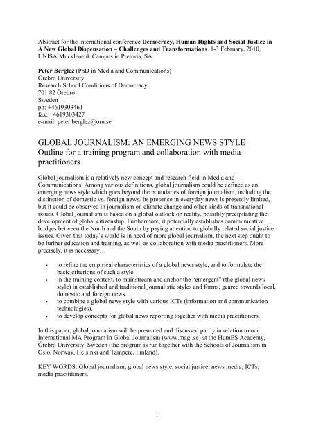 GLOBAL JOURNALISM: AN EMERGING NEWS STYLE Outline for a ...