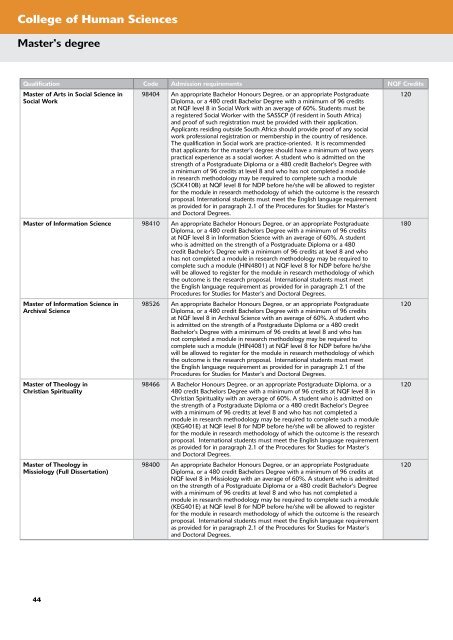 my Choice @ Unisa 2012 master's and doctoral qualifications