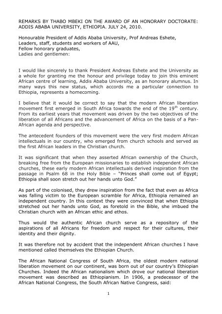 REMARKS BY THABO MBEKI ON THE AWARD OF AN HONORARY ...