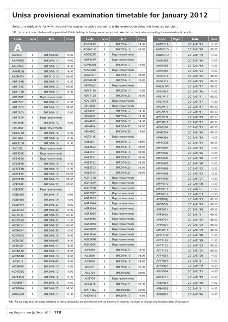 Unisa provisional examination timetable for January 2012
