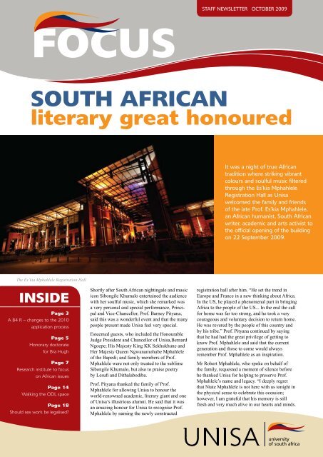 SOUTH AFRICAN literary great honoured - University of South Africa