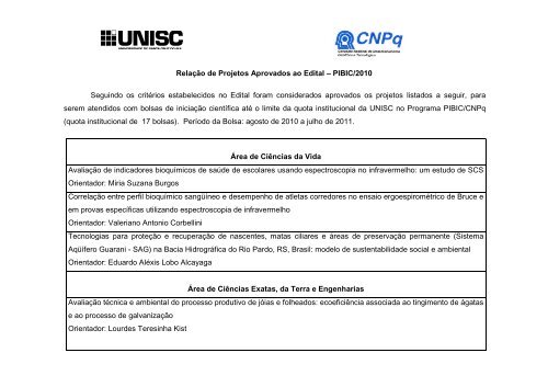 Projetos aprovados com Bolsa PIBIC/CNPq - Unisc