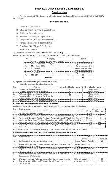 The President of India Medal for General ... - Shivaji University