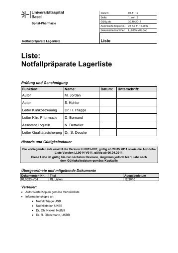 Notfallpräparate Lagerliste mit Antidota Liste - Universitätsspital Basel