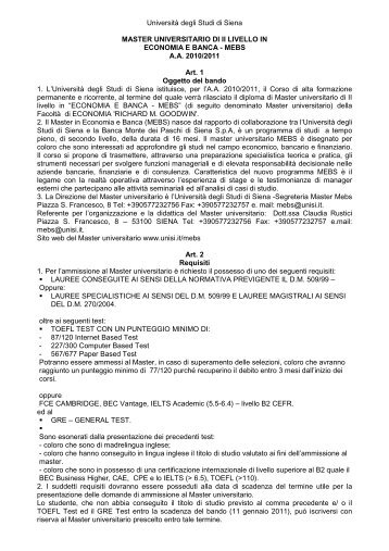 BANDO AMMISSIONE MASTER_MEBS.rtf - Università degli Studi di ...