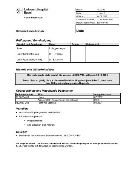 Haltbarkeit nach Anbruch - Universitätsspital Basel