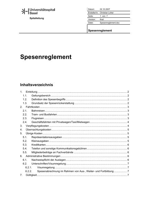 Spesenreglement - Universitätsspital Basel