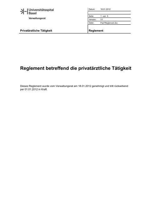 Reglement privatärztliche Tätigkeit - Universitätsspital Basel