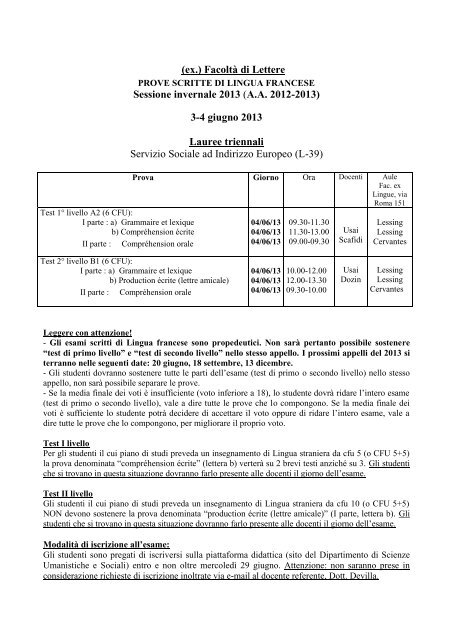 Lingua Francese - Corsi ex FacoltÃ di Lettere e Filosofia