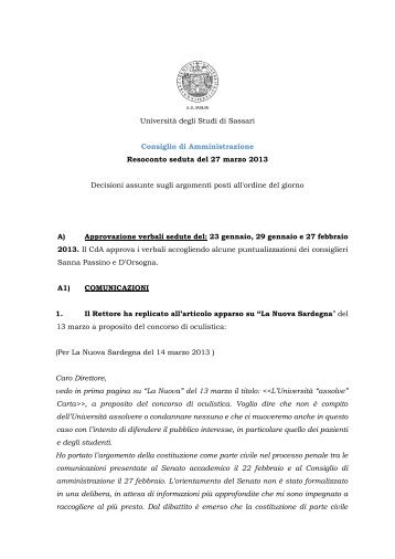 Consiglio di Amministrazione del 27 marzo 2013 - UniversitÃ  degli ...