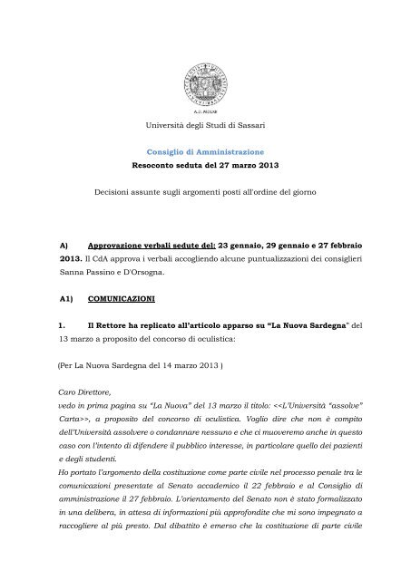 Consiglio di Amministrazione del 27 marzo 2013 - UniversitÃ  degli ...