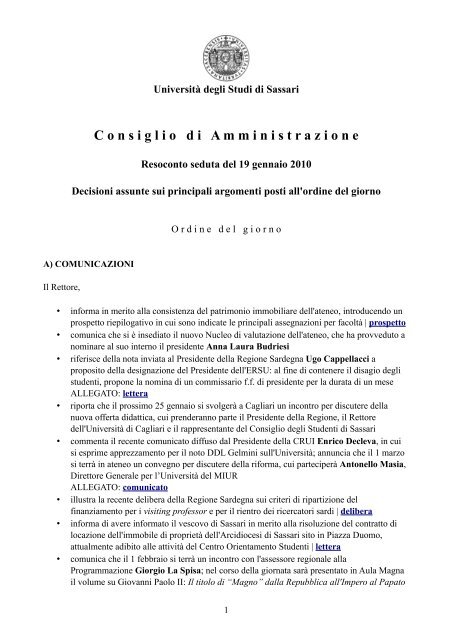 Consiglio di Amministrazione del 19 gennaio 2010 - UniversitÃ  degli ...