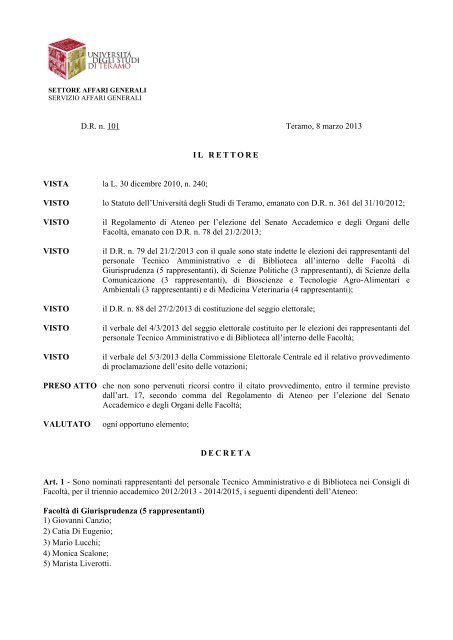 Scarica il D.R. di nomina del personale TAB - Università degli Studi ...