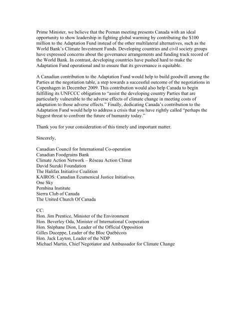 letter to Stephen Harper - The United Church of Canada