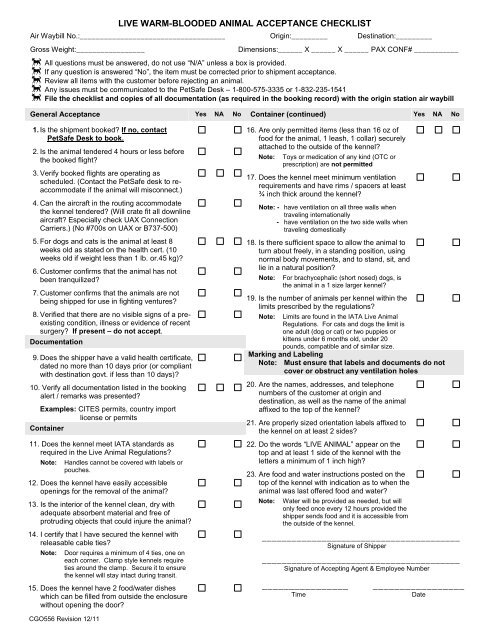 LIVE ANIMAL ACCEPTANCE CHECKLIST - United Airlines LIVE ANIMAL ACCEPTANCE CHECKLIST - United Airlines