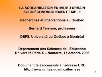 LA SCOLARISATION EN MILIEU URBAIN ... - UQAM