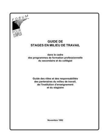 GUIDE DE STAGES EN MILIEU DE TRAVAIL