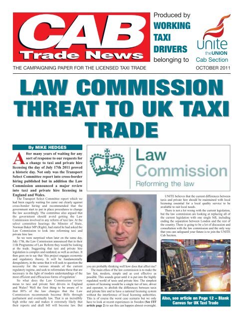 Law Commission threat to UK taxi trade - Unite the Union