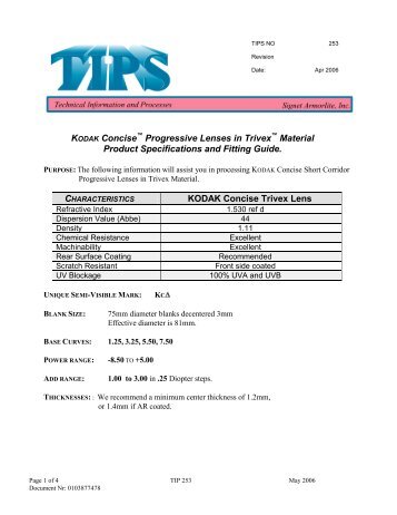 KODAK Precise Trivex (superceded) - Signet Armorlite, Inc.