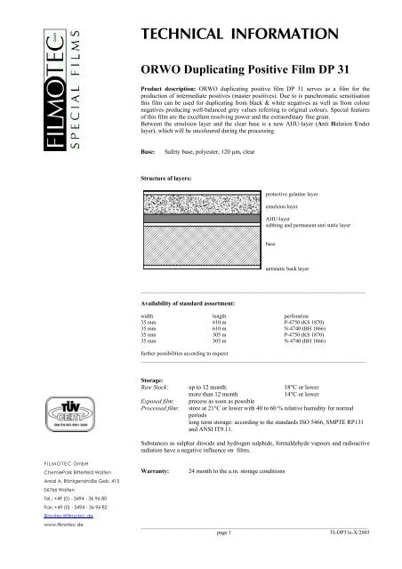 TECHNICAL INFORMATION ORWO Duplicating Positive Film DP 31