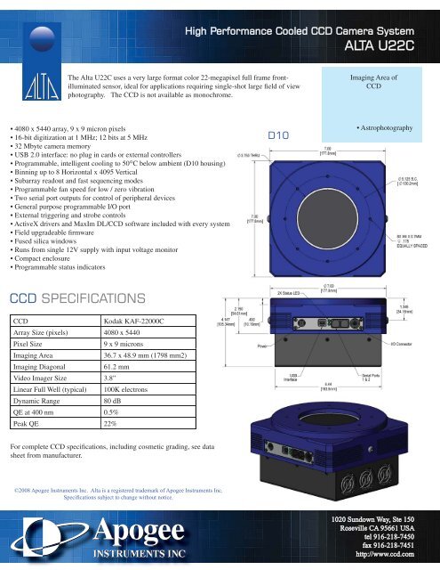 ALTA U22C CCD SPECIFICATIONS - Apogee Instruments, Inc.