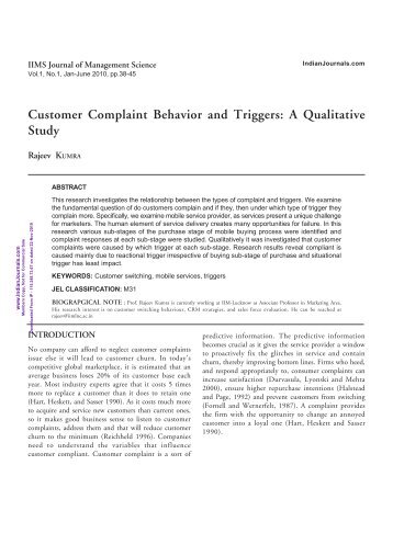 Customer Complaint Behavior and Triggers: A ... - Mimts.org