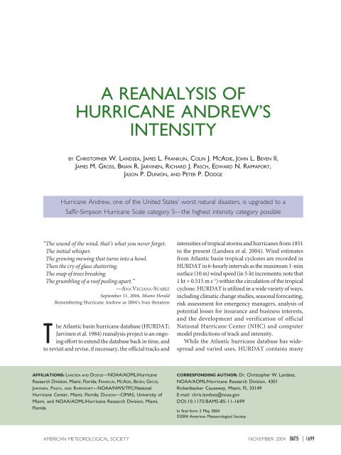 A REANALYSIS OF HURRICANE ANDREW'S INTENSITY - National ...