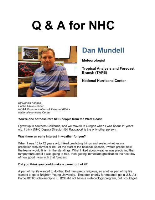 Q & A for NHC Dan Mundell - National Hurricane Center - NOAA