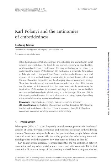 Karl Polanyi and the antinomies of embeddedness - Socio ...