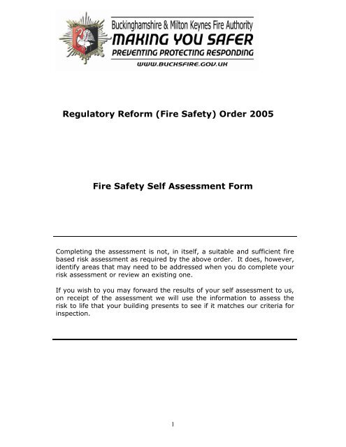 (Fire Safety) Order 2005 Fire Safety Self Assessment Form
