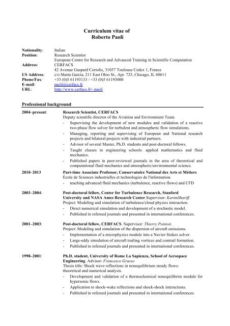 Curriculum vitae of Roberto Paoli - cerfacs