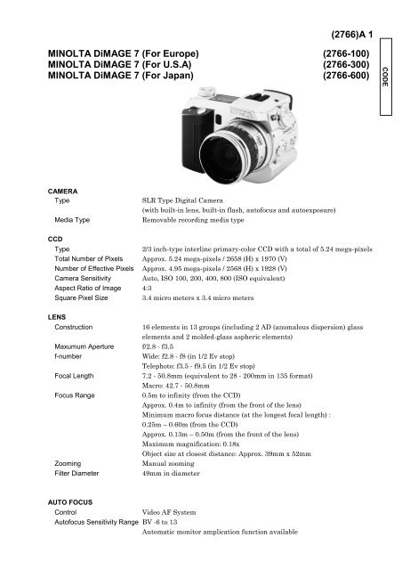2766)A 1 MINOLTA DiMAGE 7 (For Europe) (2766 ... - Micro-Tools