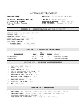UNIGRAPH INTERNATIONAL INC. CANUTEC: (613) 996 ... - Spicers