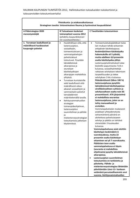 RAUMAN KAUPUNGIN TILINPÃÃTÃS 2012