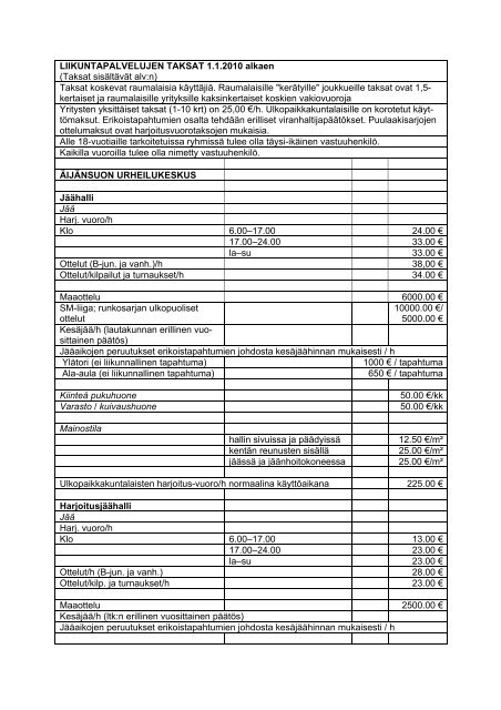 LIIKUNTAPALVELUJEN TAKSAT 1.1.2010 alkaen (Taksat ... - Rauma