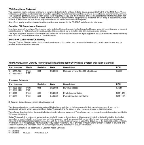 KODAK VERSAMARK DS4300 Printing System and DS4350 UV ...