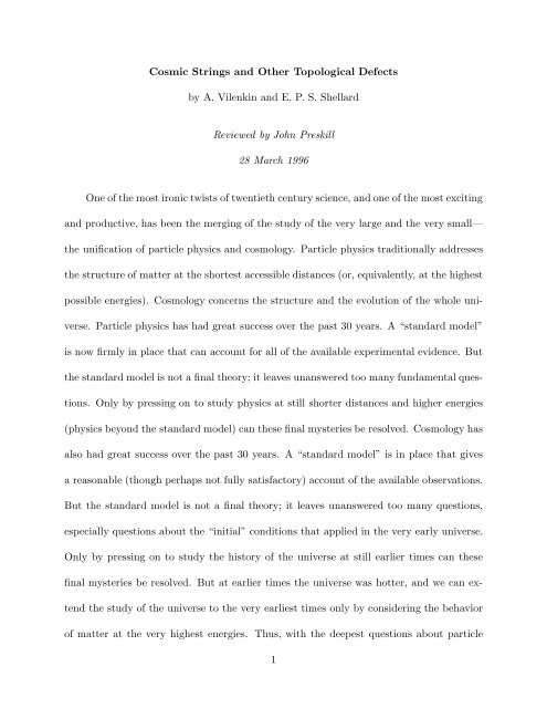 Cosmic Strings and Other Topological Defects by A. Vilenkin and ...