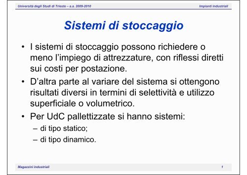 Sistemi di stoccaggio - UniversitÃ  degli Studi di Trieste