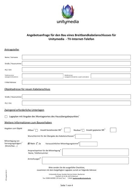 Checkliste Kabelanschluss fÃ¼r Bauherren - Unitymedia