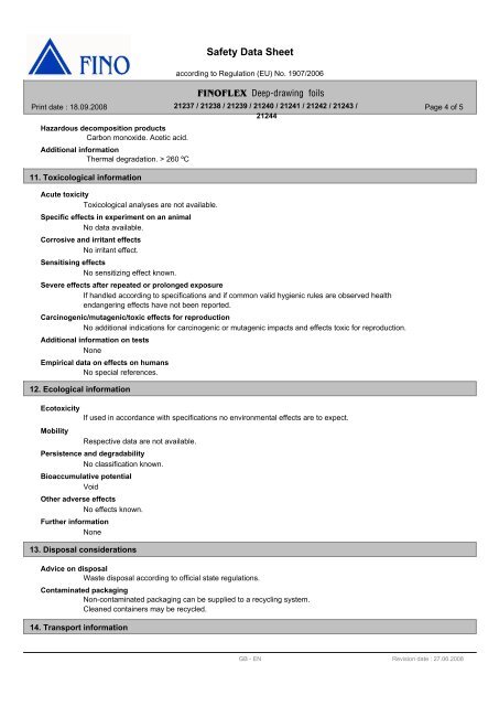 Safety Data Sheet Deep-drawing foils - FINO