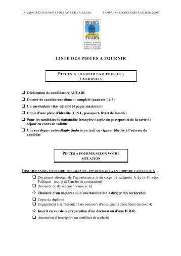 Liste des piÃ¨ces Ã  fournir - UniversitÃ© d'Avignon et des Pays de ...
